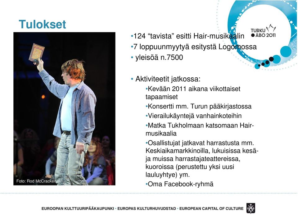 Turun pääkirjastossa Vierailukäyntejä vanhainkoteihin Matka Tukholmaan katsomaan Hairmusikaalia Osallistujat