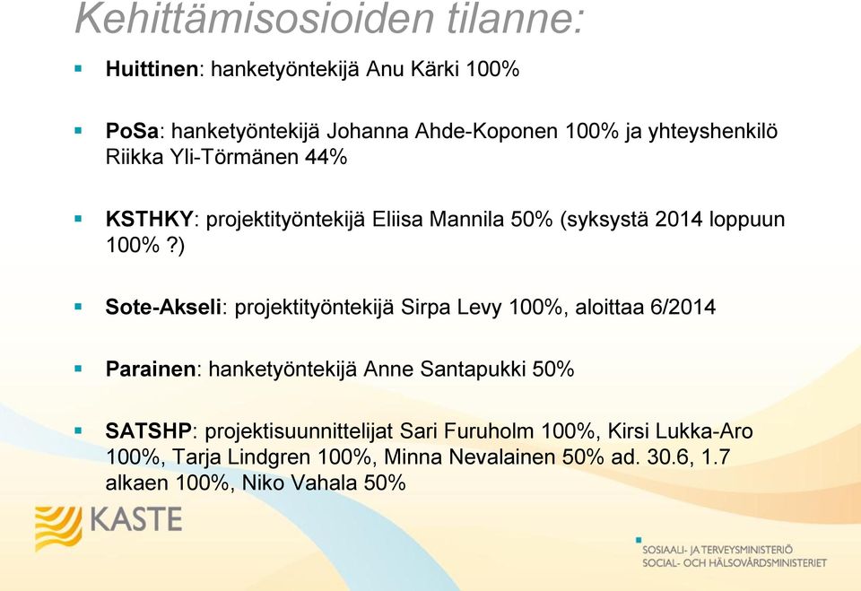 ) Sote-Akseli: projektityöntekijä Sirpa Levy 100%, aloittaa 6/2014 Parainen: hanketyöntekijä Anne Santapukki 50% SATSHP: