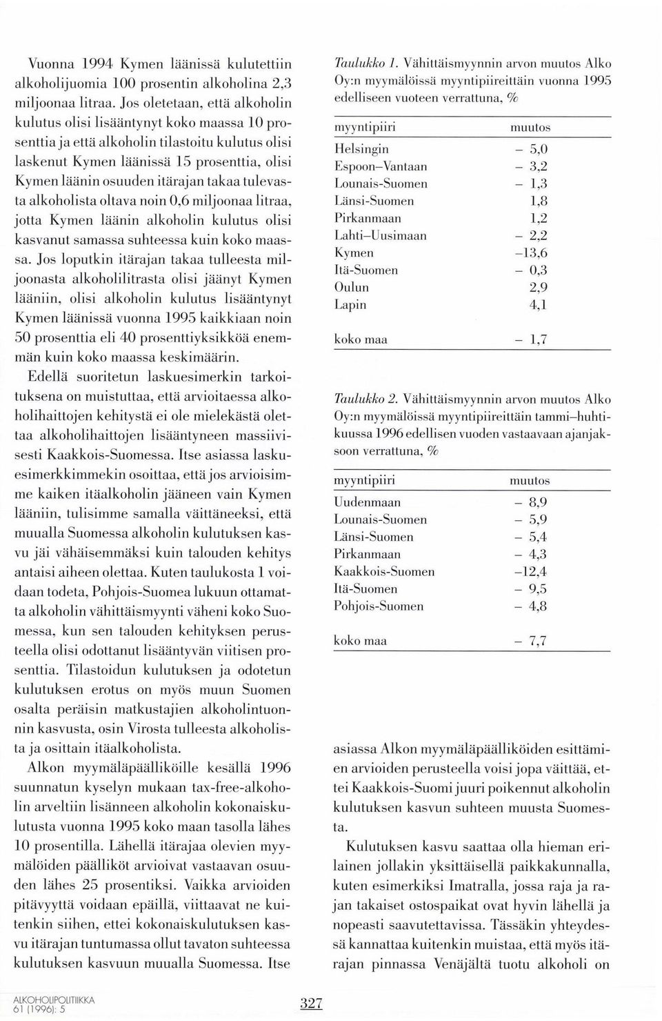tulevasta alkoholista oltava noin 0,6 miljoonaa litraa, jotta Kymen laanin alkoholin kulutus olisi kasvanut samassa suhteessa kuin ssa.