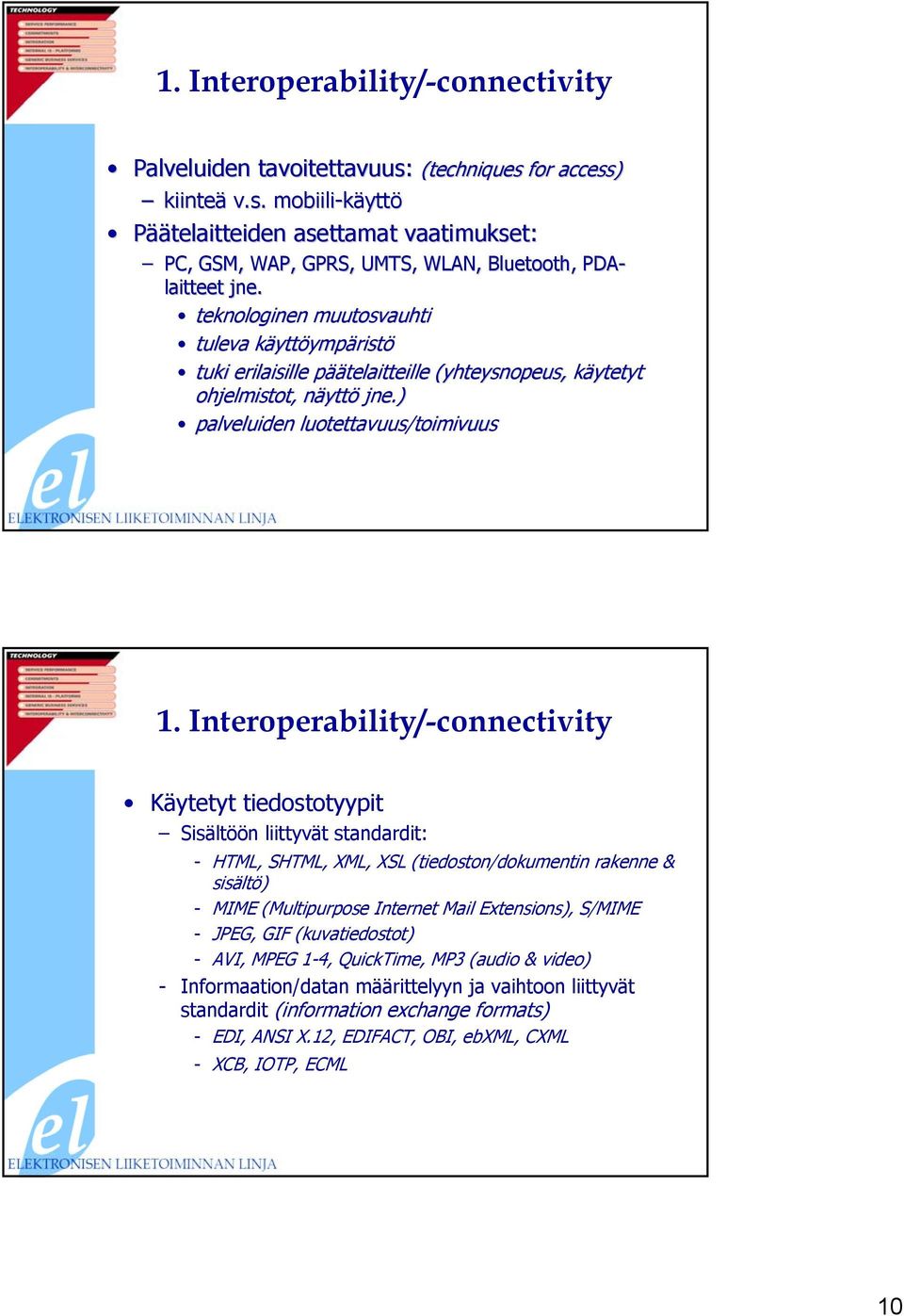 Interoperability/-connectivity Käytetyt tiedostotyypit Sisältöön liittyvät standardit: - HTML, SHTML, XML, XSL (tiedoston/dokumentin rakenne & sisältö) - MIME (Multipurpose Internet Mail Extensions),