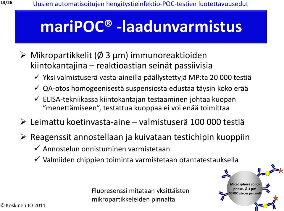 johtaa kuopan menettämiseen, testattua kuoppaa ei voi enää toimittaa Leimattu koetinvasta-aine valmistuserä 100 000 testiä Reagenssit annostellaan ja kuivataan testichipin kuoppiin Annostelun