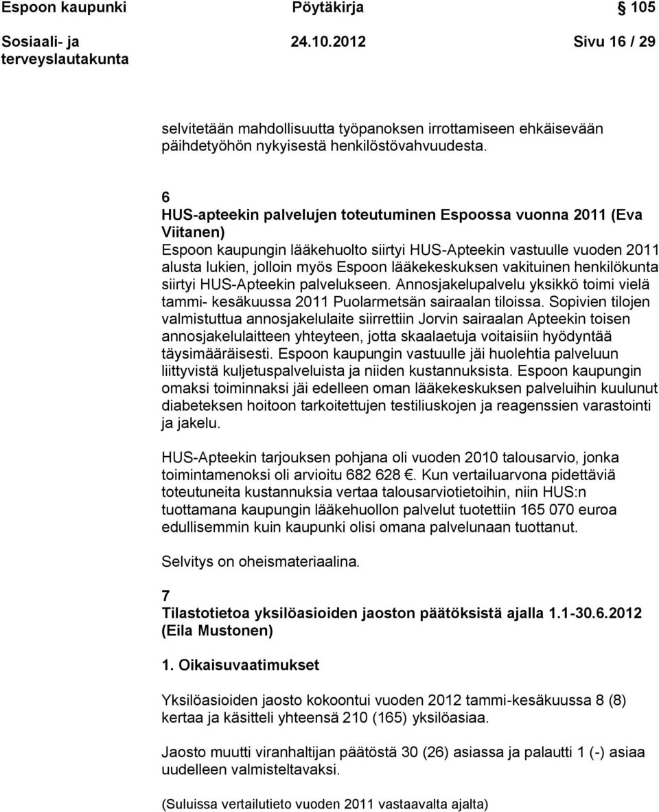 vakituinen henkilökunta siirtyi HUS-Apteekin palvelukseen. Annosjakelupalvelu yksikkö toimi vielä tammi- kesäkuussa 2011 Puolarmetsän sairaalan tiloissa.