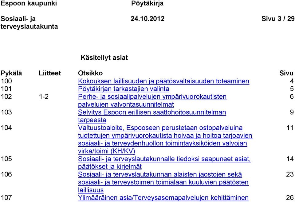 sosiaalipalvelujen ympärivuorokautisten 6 palvelujen valvontasuunnitelmat 103 Selvitys Espoon erillisen saattohoitosuunnitelman 9 tarpeesta 104 Valtuustoaloite, Espooseen perustetaan ostopalveluina