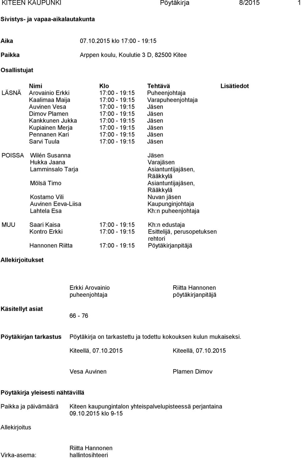 Varapuheenjohtaja Auvinen Vesa 17:00-19:15 Jäsen Dimov Plamen 17:00-19:15 Jäsen Kankkunen Jukka 17:00-19:15 Jäsen Kupiainen Merja 17:00-19:15 Jäsen Pennanen Kari 17:00-19:15 Jäsen Sarvi Tuula