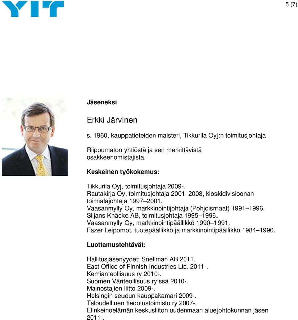 Siljans Knäcke AB, toimitusjohtaja 1995 1996. 1. Vaasanmylly Oy, markkinointipäällikkö 1990 1991. Fazer Leipomot, tuotepäällikkö ja markkinointipm päällikkö 1984 1990.