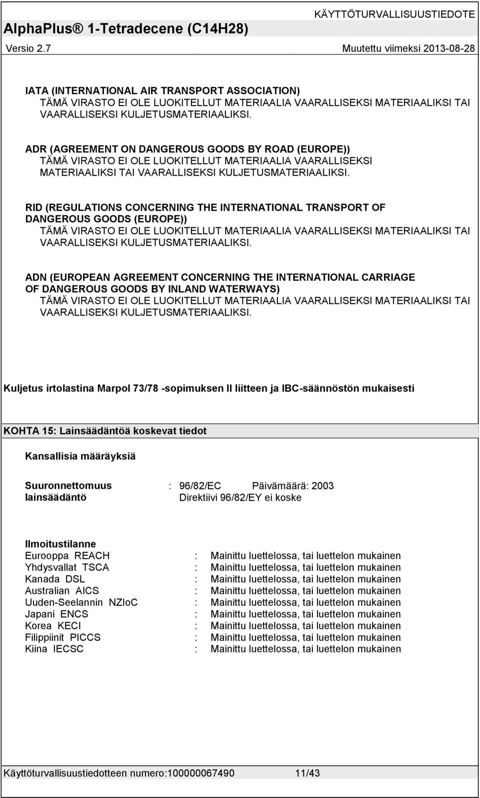 RID (REGULATIONS CONCERNING THE INTERNATIONAL TRANSPORT OF DANGEROUS GOODS (EUROPE)) TÄMÄ VIRASTO EI OLE LUOKITELLUT MATERIAALIA VAARALLISEKSI MATERIAALIKSI TAI VAARALLISEKSI KULJETUSMATERIAALIKSI.