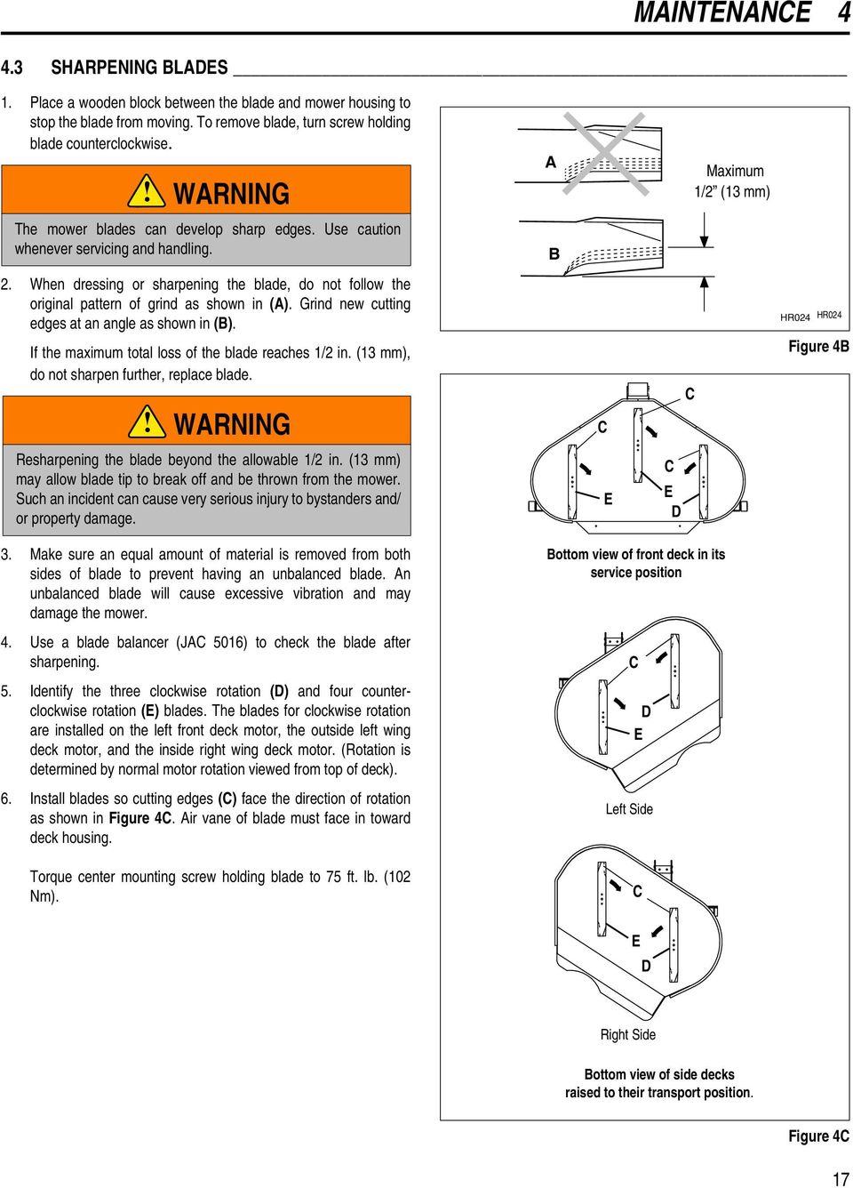 When dressing or sharpening the blade, do not follow the original pattern of grind as shown in (A). Grind new cutting edges at an angle as shown in (B).