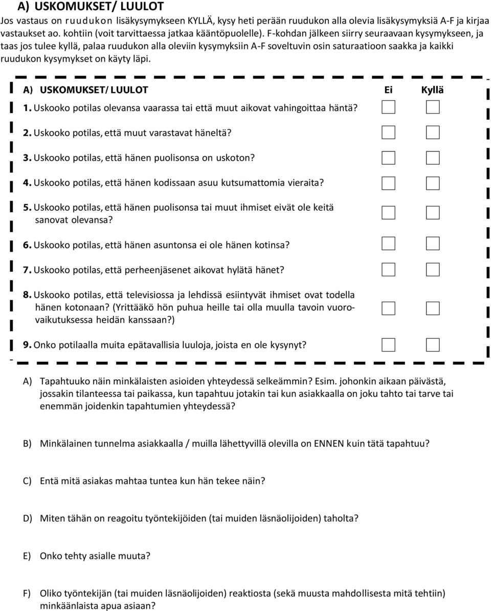 Uskooko potilas, että hänen kodissaan asuu kutsumattomia vieraita? Uskooko potilas, että hänen puolisonsa tai muut ihmiset eivät ole keitä sanovat olevansa?