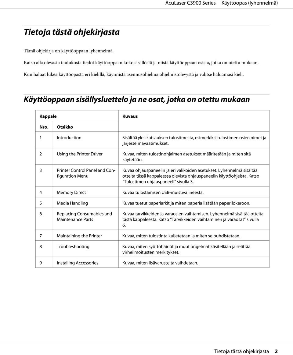 Otsikko 1 Introduction Sisältää yleiskatsauksen tulostimesta, esimerkiksi tulostimen osien nimet ja järjestelmävaatimukset.