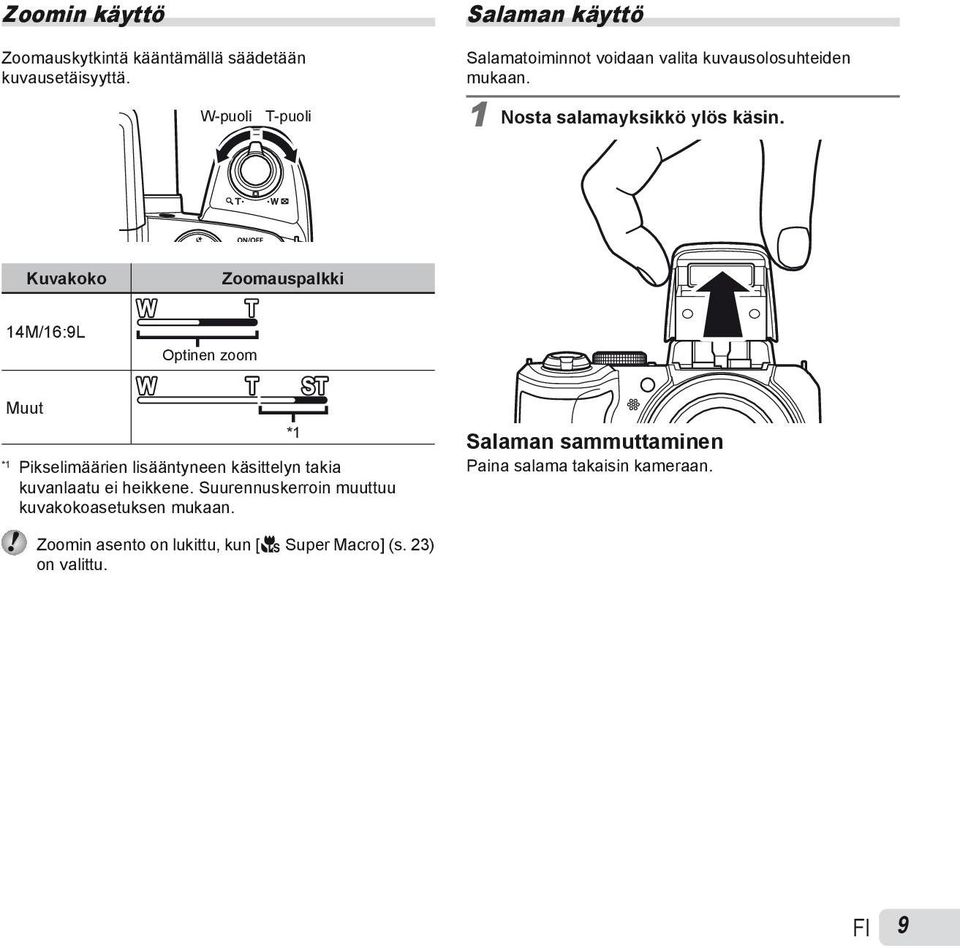 Kuvakoko Zoomauspalkki 14M/16:9L Optinen zoom Muut *1 Pikselimäärien lisääntyneen käsittelyn takia kuvanlaatu ei heikkene.