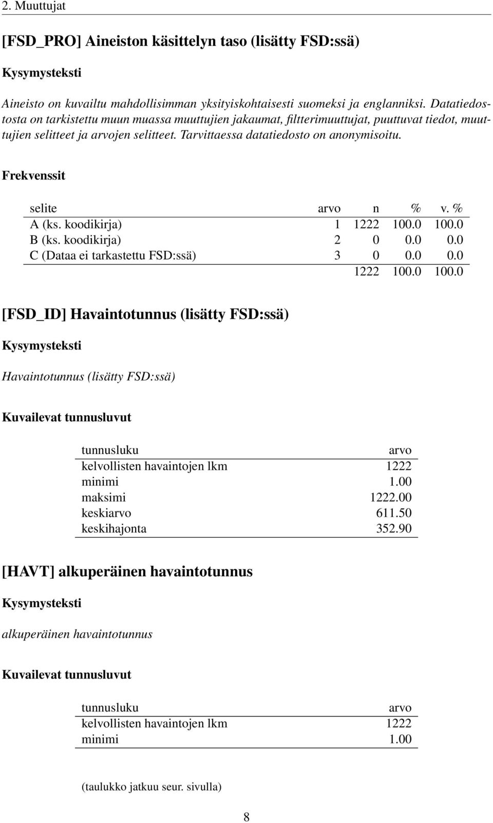 koodikirja) 1 B (ks. koodikirja) 2 0 0.0 0.0 C (Dataa ei tarkastettu FSD:ssä) 3 0 0.0 0.0 [FSD_ID] Havaintotunnus (lisätty FSD:ssä) Havaintotunnus (lisätty FSD:ssä) Kuvailevat tunnusluvut tunnusluku arvo kelvollisten havaintojen lkm 1222 minimi 1.