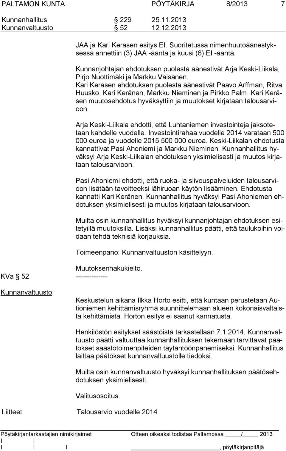 Kari Keräsen ehdotuksen puolesta äänestivät Paavo Arff man, Ritva Huus ko, Kari Keränen, Markku Nieminen ja Pirkko Palm.
