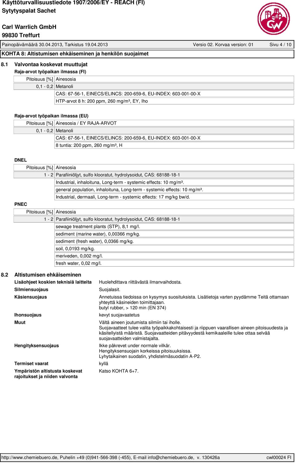 mg/m³, EY, Iho Raja-arvot työpaikan ilmassa (EU) Pitoisuus [%] Ainesosia / EY RAJA-ARVOT 0,1-0,2 Metanoli CAS: 67-56-1, EINECS/ELINCS: 200-659-6, EU-INDEX: 603-001-00-X 8 tuntia: 200 ppm, 260 mg/m³,