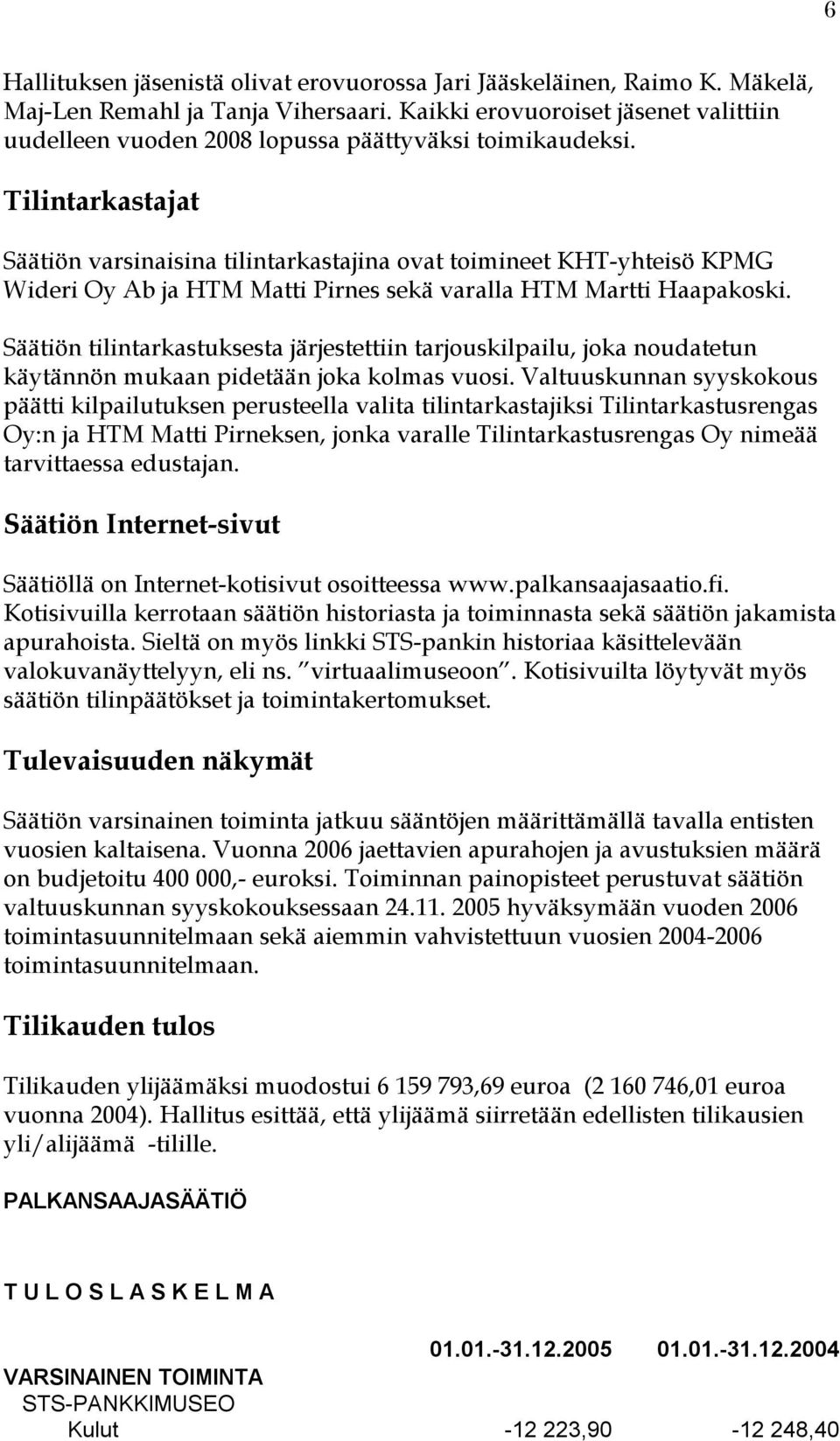 Tilintarkastajat Säätiön varsinaisina tilintarkastajina ovat toimineet KHT-yhteisö KPMG Wideri Oy Ab ja HTM Matti Pirnes sekä varalla HTM Martti Haapakoski.