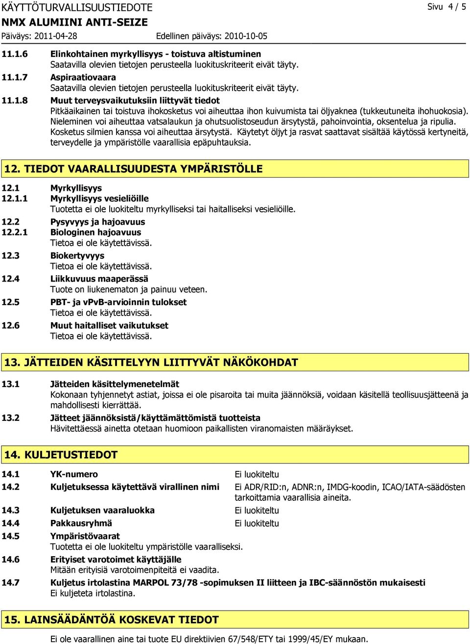 Käytetyt öljyt ja rasvat saattavat sisältää käytössä kertyneitä, terveydelle ja ympäristölle vaarallisia epäpuhtauksia. 12