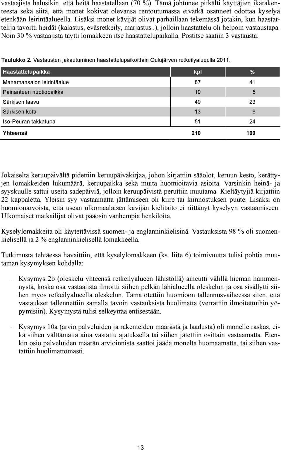 Lisäksi monet kävijät olivat parhaillaan tekemässä jotakin, kun haastattelija tavoitti heidät (kalastus, eväsretkeily, marjastus..), jolloin haastattelu oli helpoin vastaustapa.