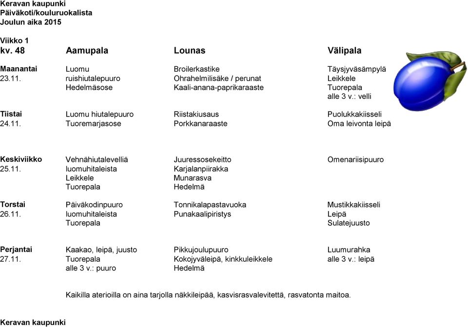 Tuoremarjasose Porkkanaraaste Oma leivonta leipä Keskiviikko Vehnähiutalevelliä Juuressosekeitto Omenariisipuuro 25.11.