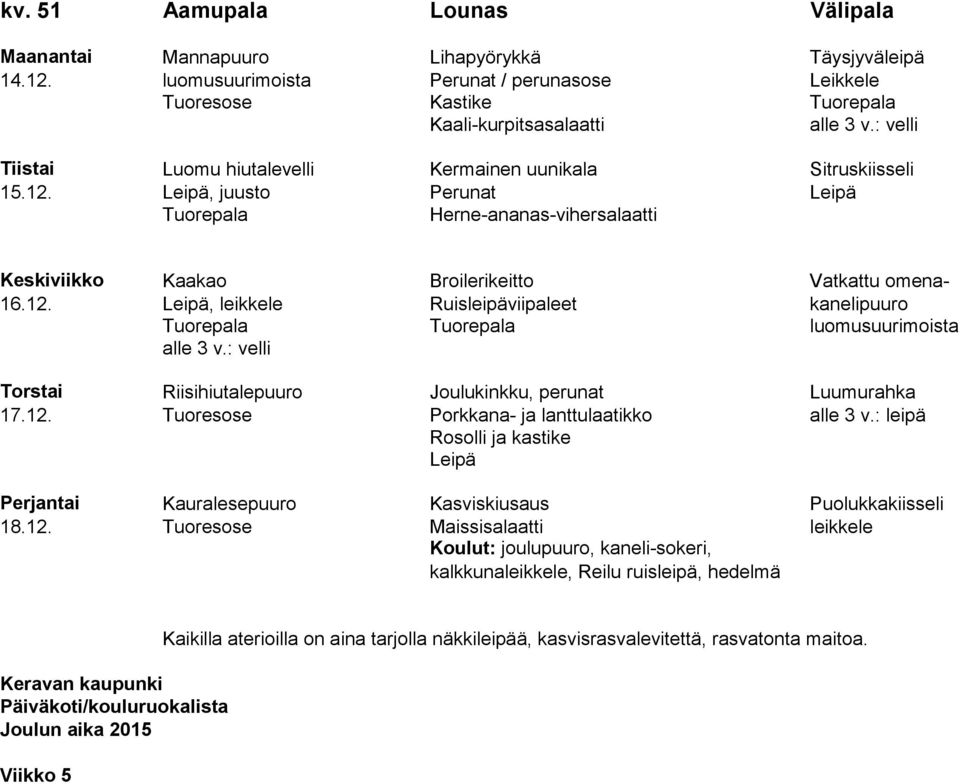 Leipä, juusto Perunat Leipä Herne-ananas-vihersalaatti Keskiviikko Kaakao Broilerikeitto Vatkattu omena- 16.12.