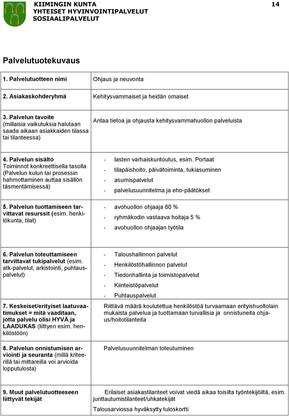 (Palvelun kulun tai prosessin hahmottaminen auttaa sisällön täsmentämisessä) 5. Palvelun tuottamiseen tarvittavat resurssit (esim. henkilökunta, tilat) - lasten varhaiskuntoutus, esim.