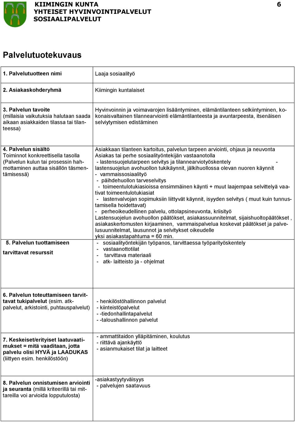 kokonaisvaltainen tilannearviointi elämäntilanteesta ja avuntarpeesta, itsenäisen selviytymisen edistäminen (Palvelun kulun tai prosessin hahmottaminen auttaa sisällön täsmentämisessä) 5.