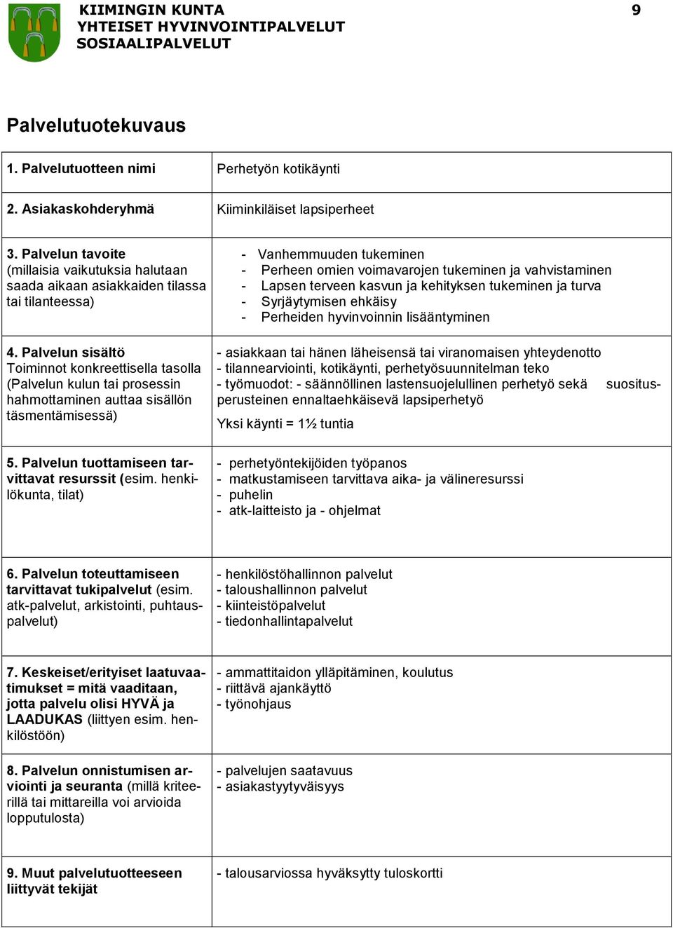 täsmentämisessä) 5. Palvelun tuottamiseen tarvittavat resurssit (esim.