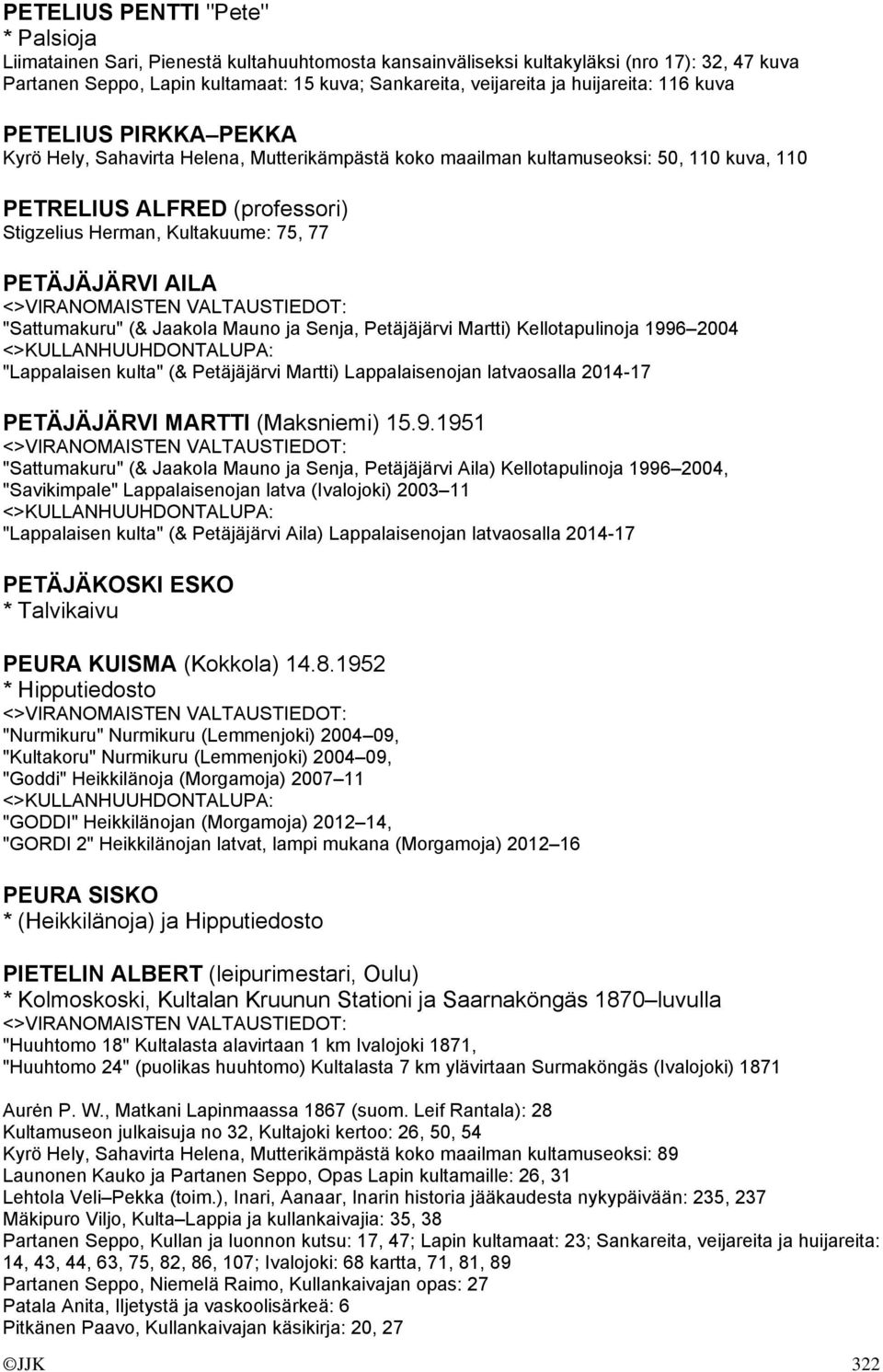 77 PETÄJÄJÄRVI AILA "Sattumakuru" (& Jaakola Mauno ja Senja, Petäjäjärvi Martti) Kellotapulinoja 1996 2004 "Lappalaisen kulta" (& Petäjäjärvi Martti) Lappalaisenojan latvaosalla 2014-17 PETÄJÄJÄRVI