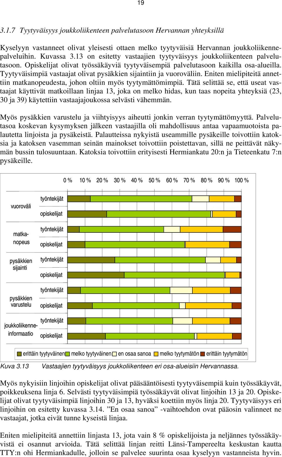 Tyytyväisimpiä vastaajat olivat pysäkkien sijaintiin ja vuoroväliin. Eniten mielipiteitä annettiin matkanopeudesta, johon oltiin myös tyytymättömimpiä.