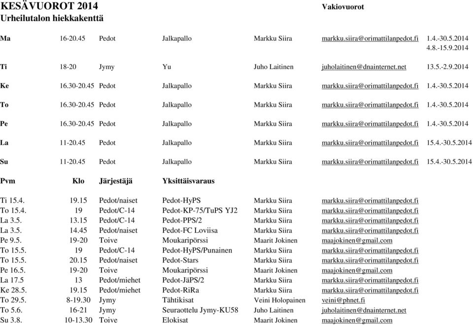 30-20.45 Pedot Jalkapallo Markku Siira markku.siira@orimattilanpedot.fi 1.4.-30.5.2014 11-20.45 Pedot Jalkapallo Markku Siira markku.siira@orimattilanpedot.fi 15.4.-30.5.2014 Su 11-20.