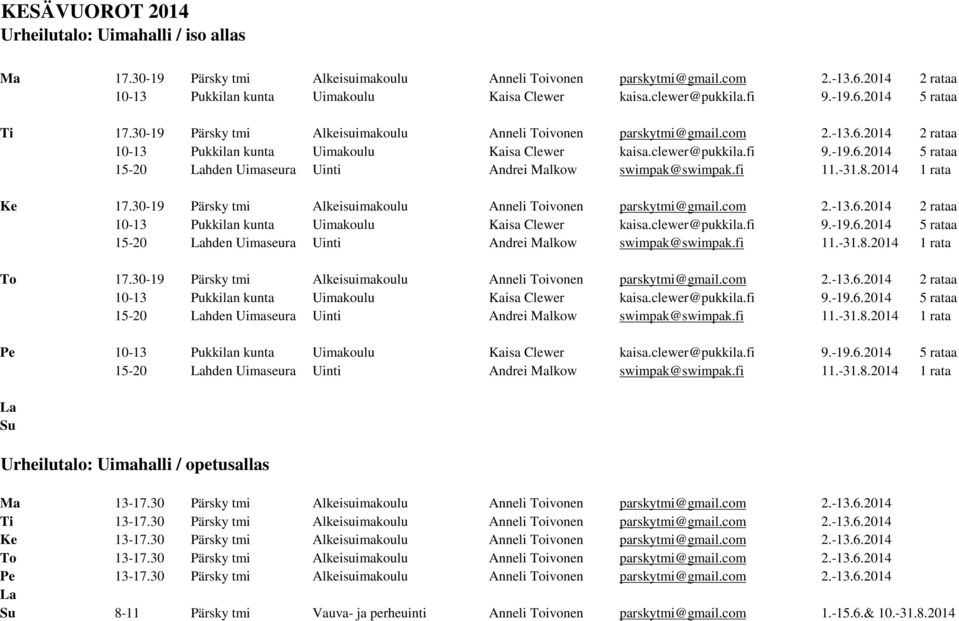 30-19 Pärsky tmi Alkeisuimakoulu Anneli Toivonen parskytmi@gmail.com 2.-13.6.2014 2 rataa Pe Su Urheilutalo: Uimahalli / opetusallas Ma 13-17.