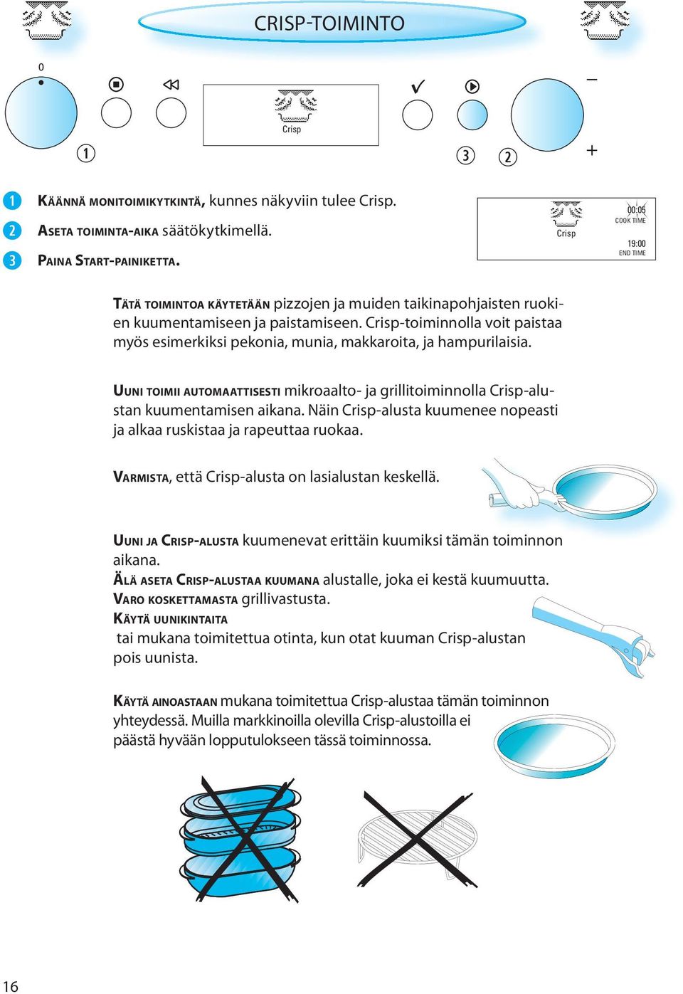 Crisp-toiminnolla voit paistaa myös esimerkiksi pekonia, munia, makkaroita, ja hampurilaisia. UUNI TOIMII AUTOMAATTISESTI mikroaalto- ja grillitoiminnolla Crisp-alustan kuumentamisen aikana.