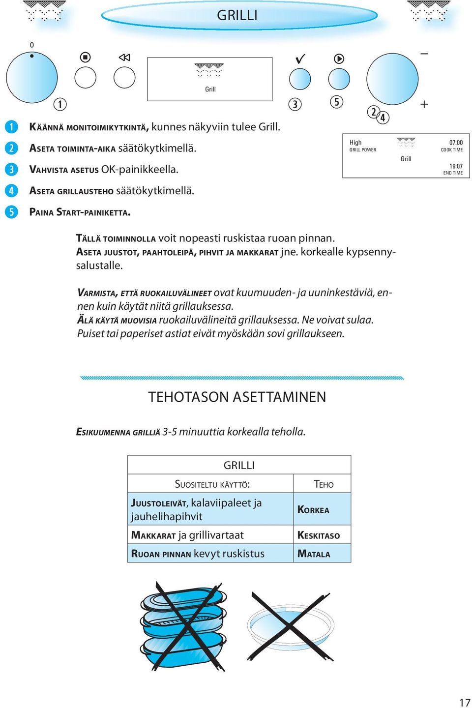 High 07:00 GRILL POWER COOK TIME Grill 19:07 END TIME VARMISTA, ETTÄ RUOKAILUVÄLINEET ovat kuumuuden- ja uuninkestäviä, ennen kuin käytät niitä grillauksessa.