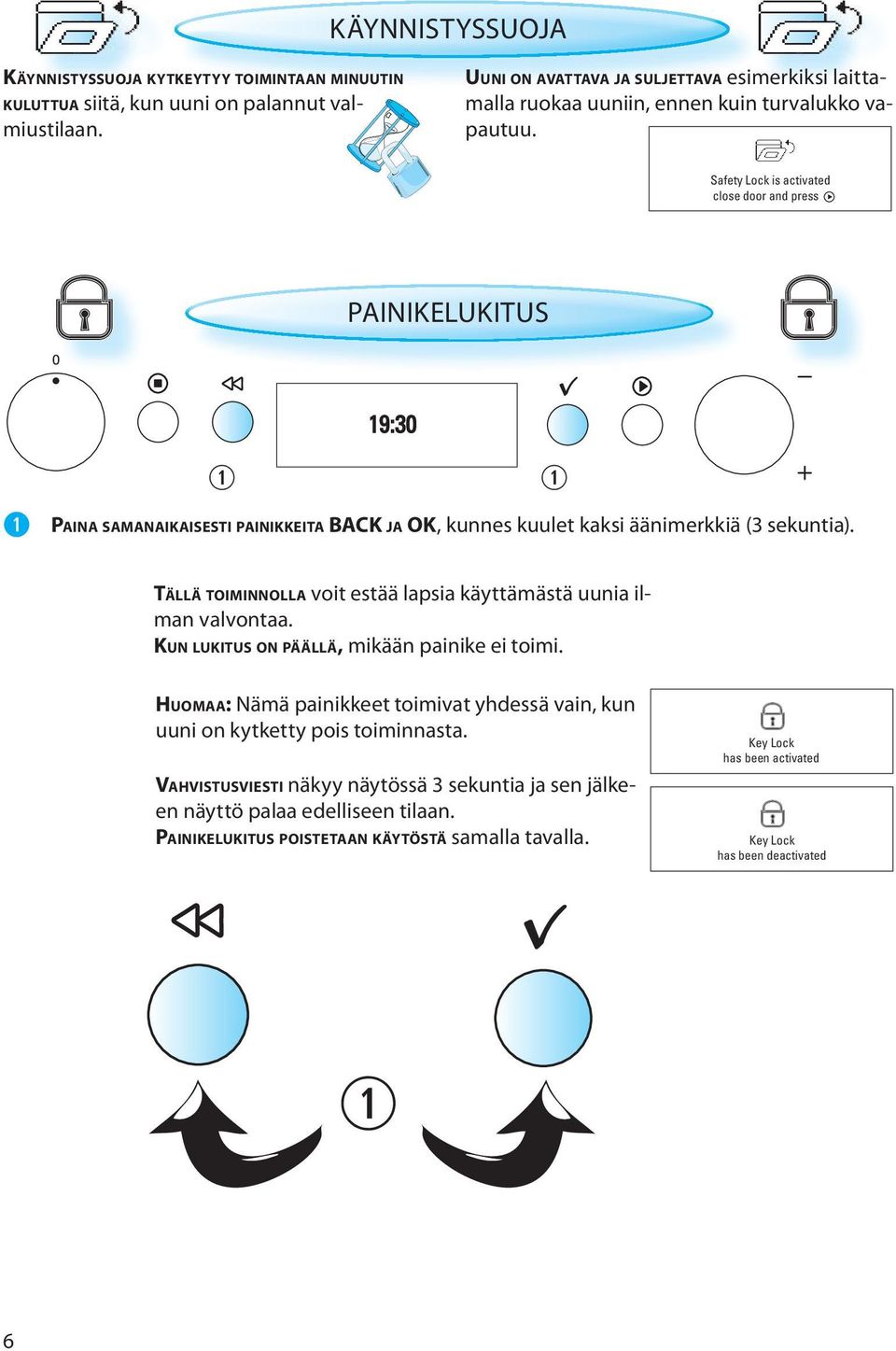 Safety Lock is activated close door and press PAINIKELUKITUS 19:30 PAINA SAMANAIKAISESTI PAINIKKEITA BACK JA OK, kunnes kuulet kaksi äänimerkkiä (3 sekuntia).