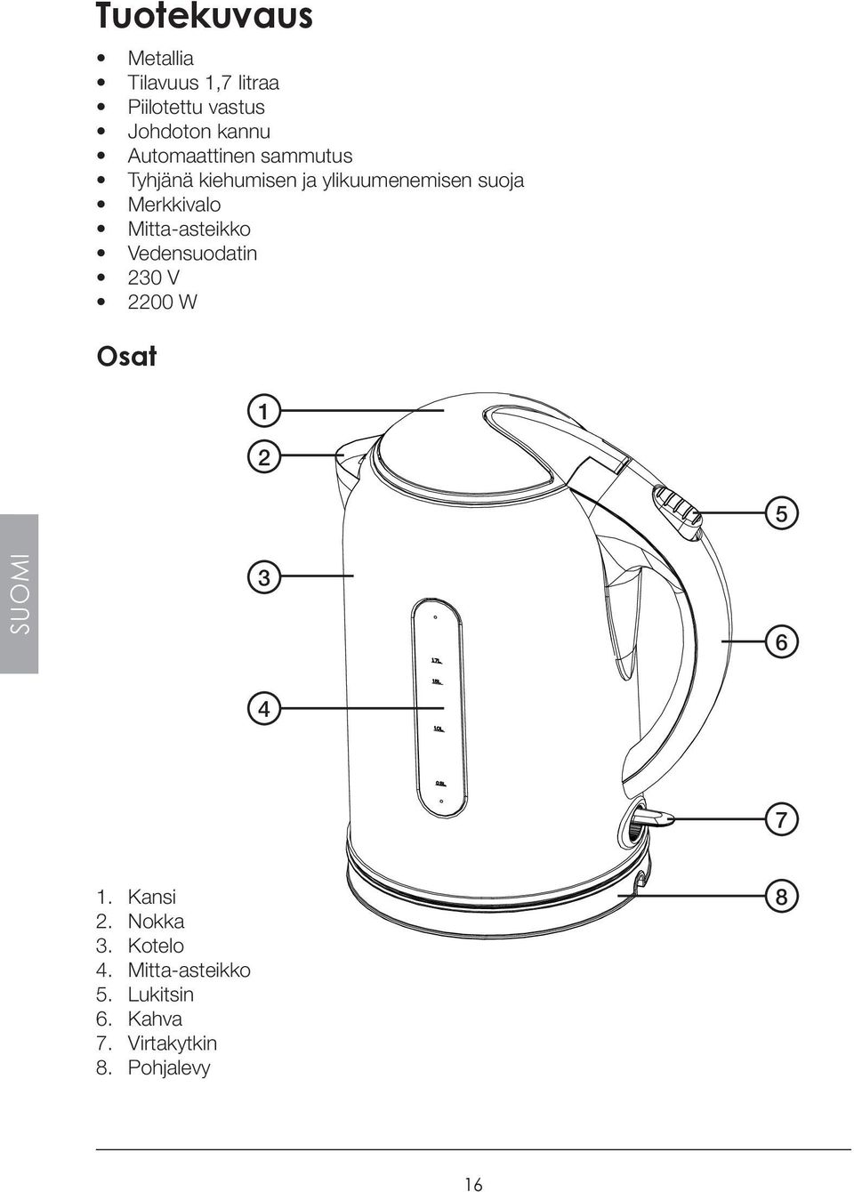 Mitta-asteikko Vedensuodatin 230 V 2200 W Osat 1 2 5 SUOMI 3 6 4 7 1. Kansi 2.