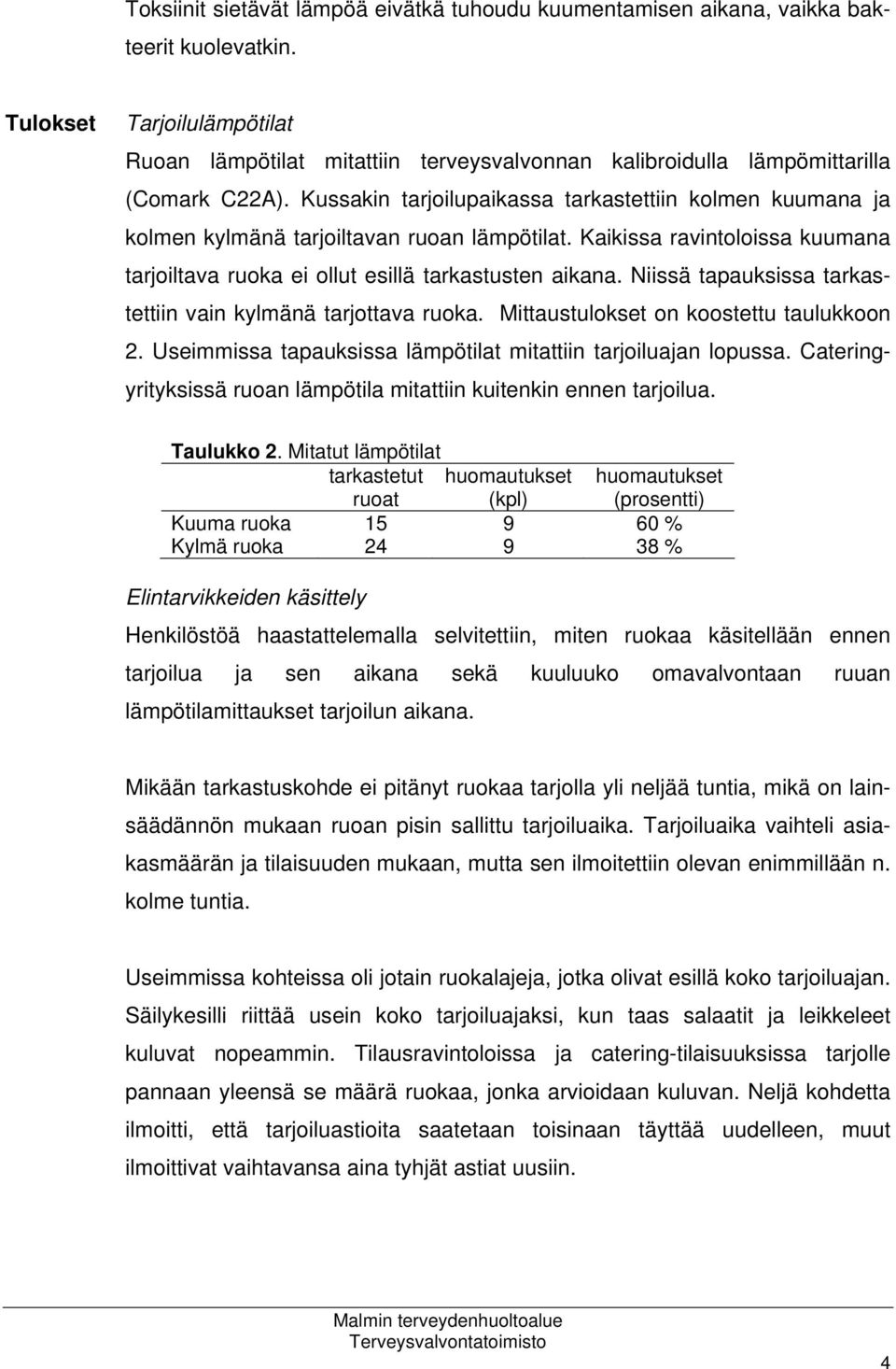 Kussakin tarjoilupaikassa tarkastettiin kolmen kuumana ja kolmen kylmänä tarjoiltavan ruoan lämpötilat. Kaikissa ravintoloissa kuumana tarjoiltava ruoka ei ollut esillä tarkastusten aikana.