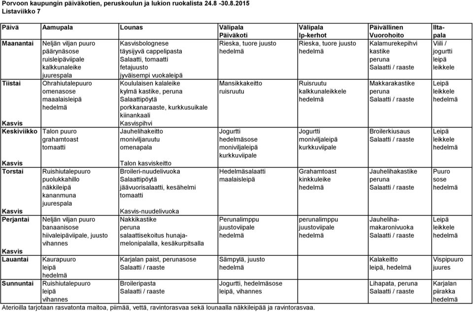 Salaatti, tomaatti peruna leipä kalkkunaleike fetajuusto Salaatti / raaste leikkele jyväisempi vuokaleipä Tiistai Ohrahiutalepuuro Koululaisen kalaleike Mansikkakeitto Ruisruutu Makkarakastike Leipä