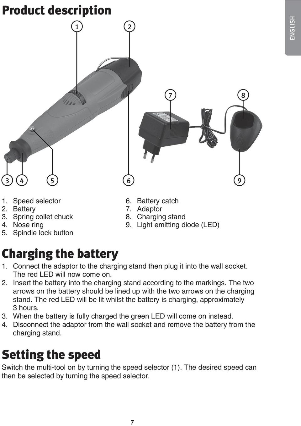 Insert the battery into the charging stand according to the markings. The two arrows on the battery should be lined up with the two arrows on the charging stand.