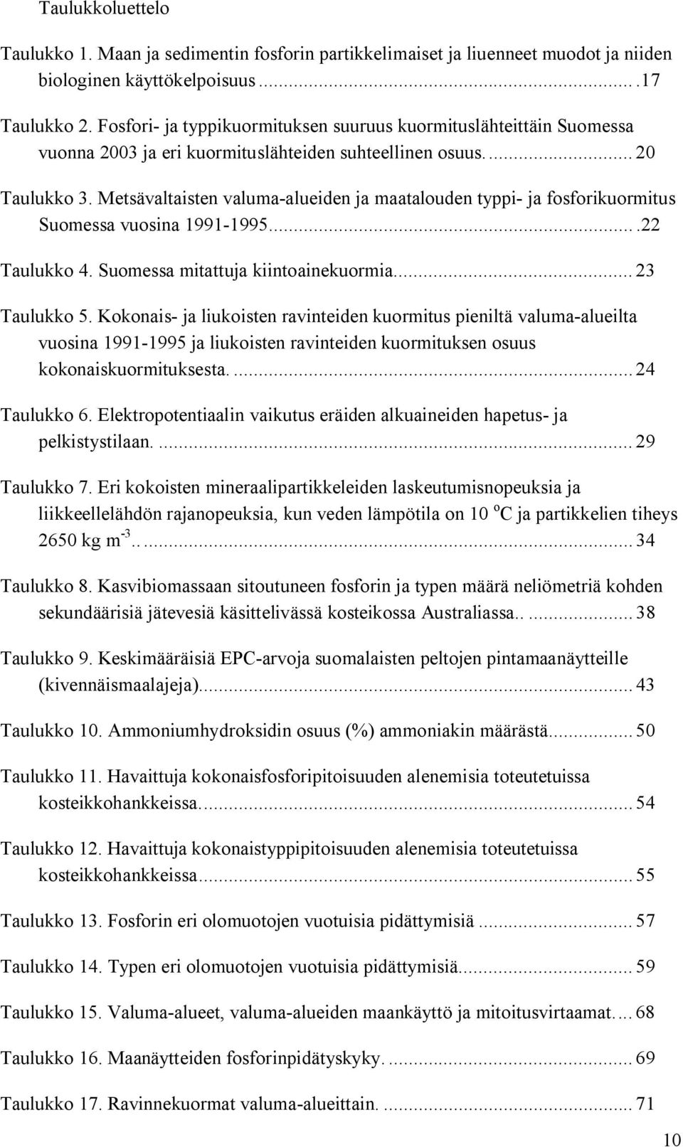 Metsävaltaisten valuma alueiden ja maatalouden typpi ja fosforikuormitus Suomessa vuosina 1991 1995....22 Taulukko 4. Suomessa mitattuja kiintoainekuormia... 23 Taulukko 5.