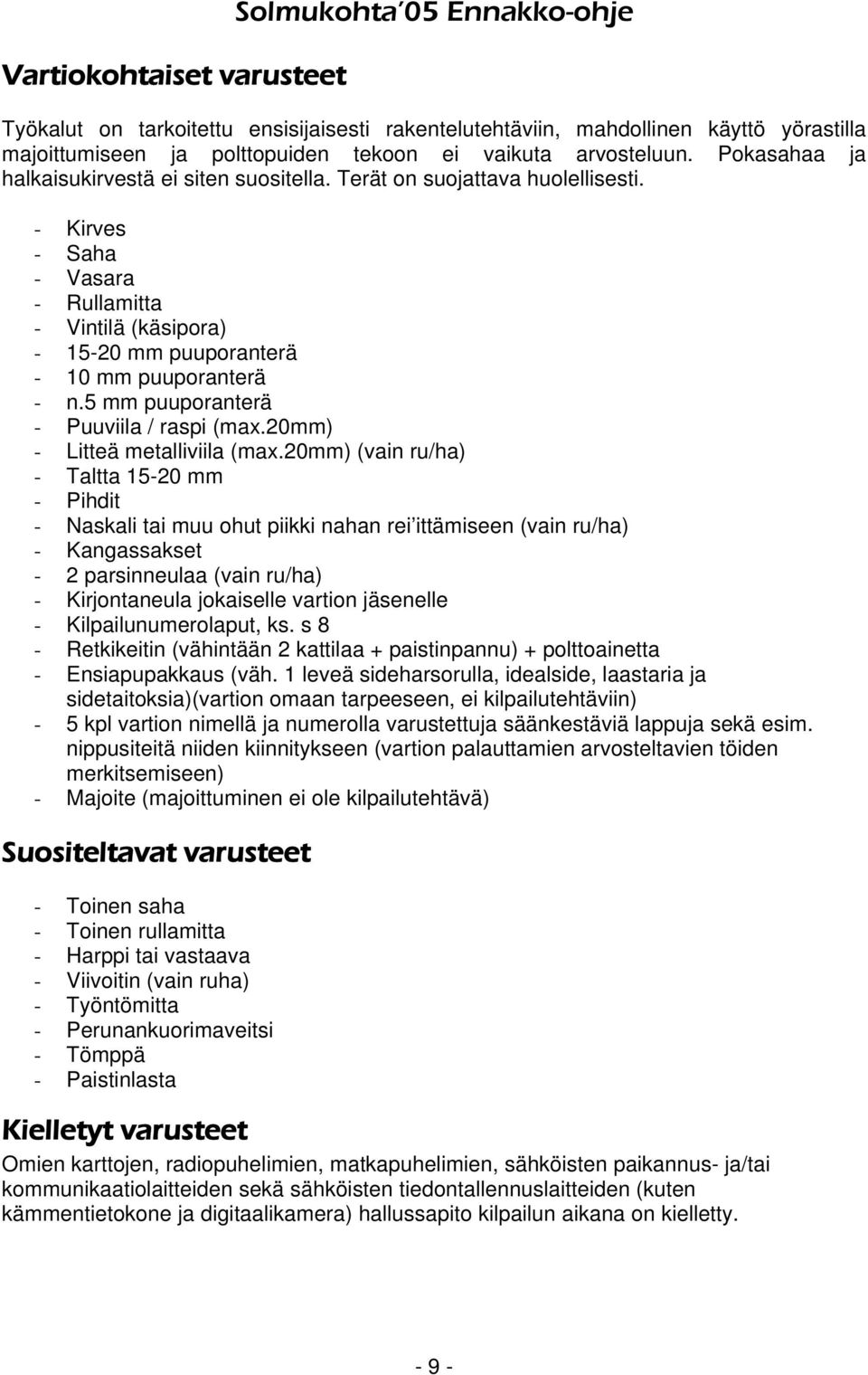 - Kirves - Saha - Vasara - Rullamitta - Vintilä (käsipora) - 15-20 mm puuporanterä - 10 mm puuporanterä - n.5 mm puuporanterä - Puuviila / raspi (max.20mm) - Litteä metalliviila (max.