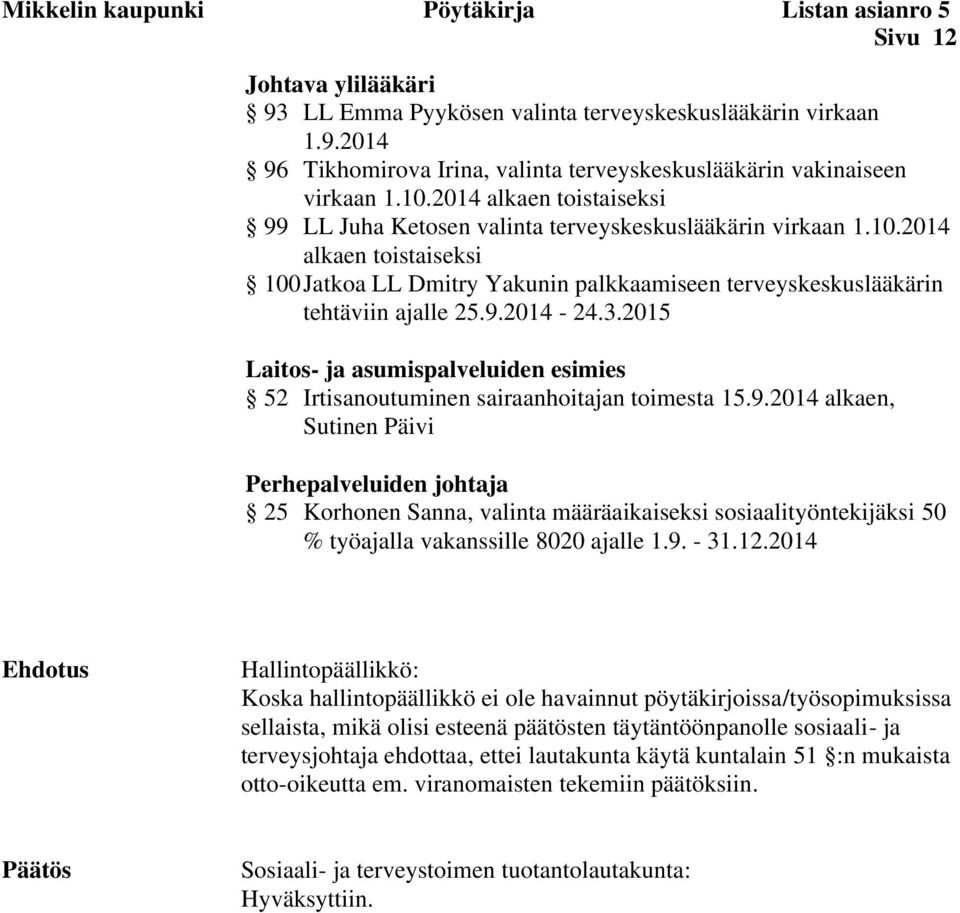 9.2014-24.3.2015 Laitos- ja asumispalveluiden esimies 52 Irtisanoutuminen sairaanhoitajan toimesta 15.9.2014 alkaen, Sutinen Päivi Perhepalveluiden johtaja 25 Korhonen Sanna, valinta määräaikaiseksi sosiaalityöntekijäksi 50 % työajalla vakanssille 8020 ajalle 1.