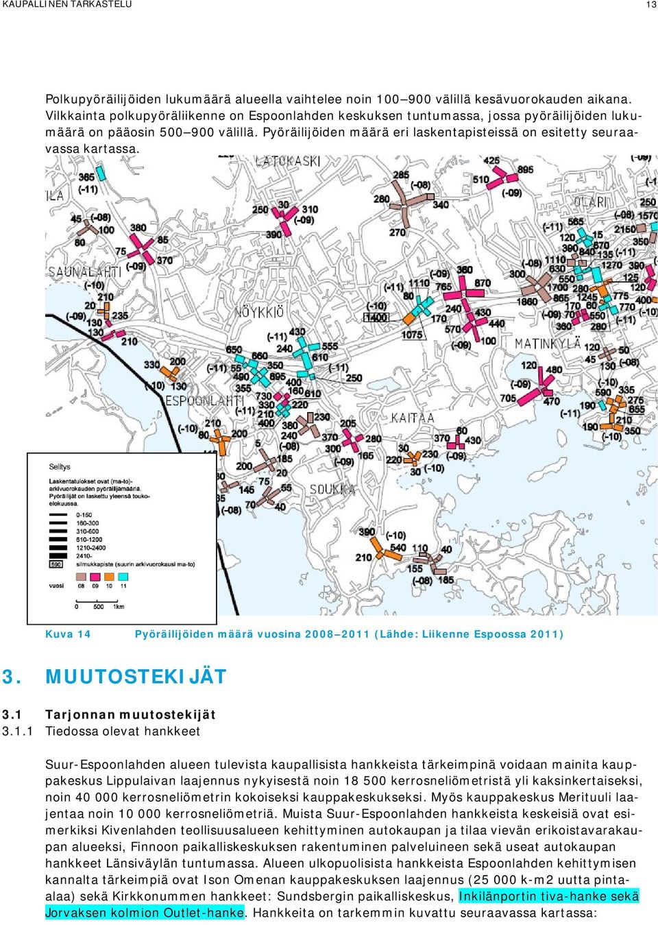 Pyöräilijöiden määrä eri laskentapisteissä on esitetty seuraavassa kartassa. Kuva 14 Pyöräilijöiden määrä vuosina 2008 2011 (Lähde: Liikenne Espoossa 2011) 3. MUUTOSTEKIJÄT 3.