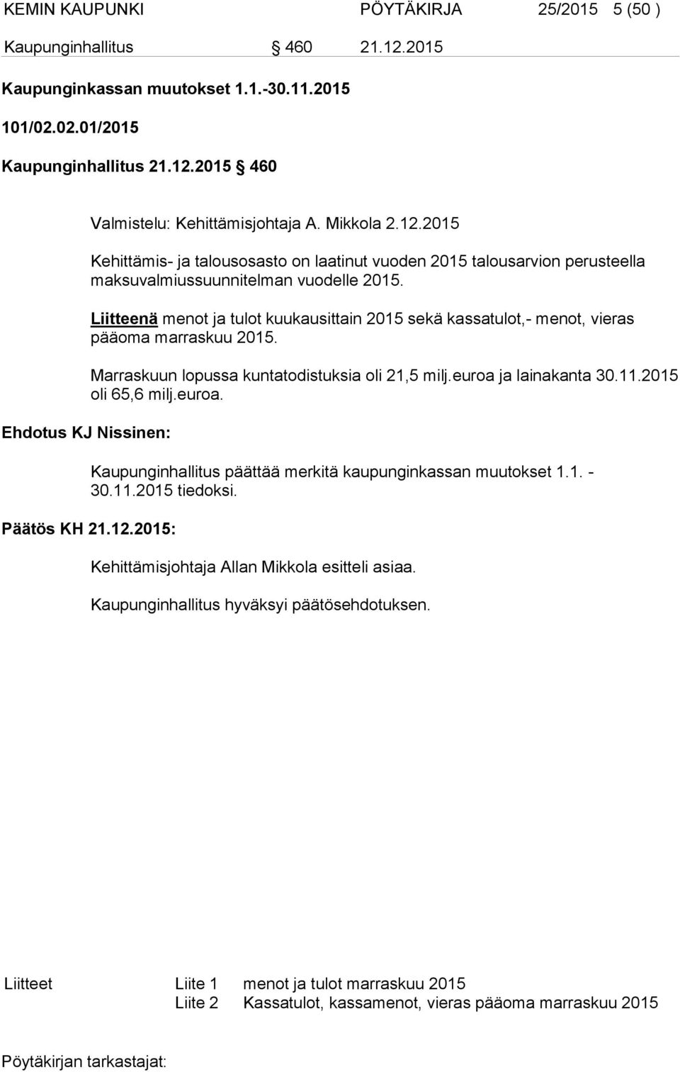 Liitteenä menot ja tulot kuukausittain 2015 sekä kassatulot,- menot, vieras pääoma marraskuu 2015. Marraskuun lopussa kuntatodistuksia oli 21,5 milj.euroa 