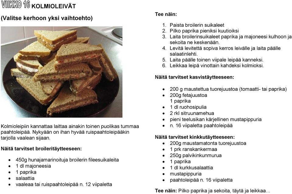 Näitä tarvitset kasvistäytteeseen: Kolmioleipiin kannattaa laittaa ainakin toinen puolikas tummaa paahtoleipää. Nykyään on ihan hyvää ruispaahtoleipääkin tarjolla vaalean sijaan.