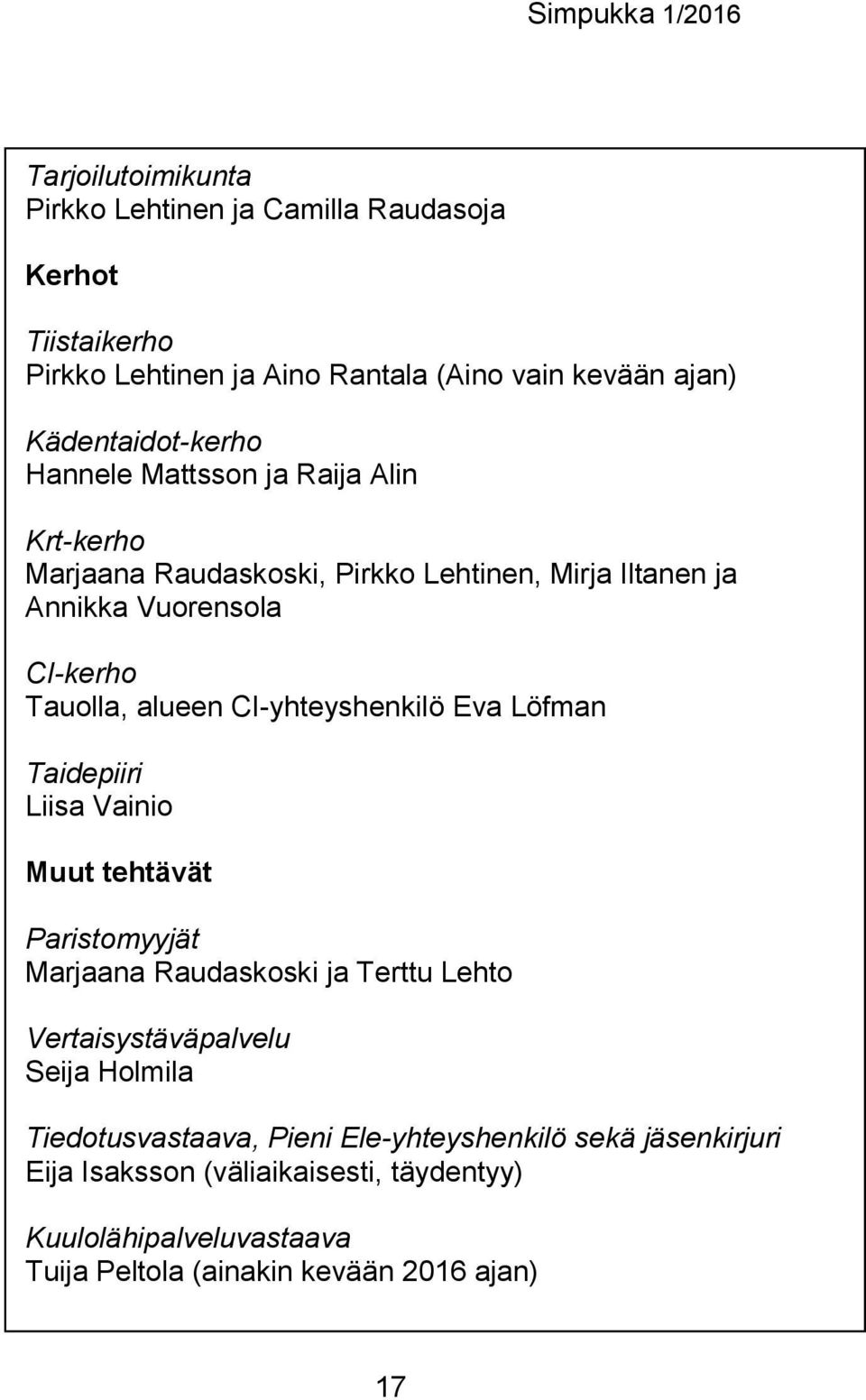 CI-yhteyshenkilö Eva Löfman Taidepiiri Liisa Vainio Muut tehtävät Paristomyyjät Marjaana Raudaskoski ja Terttu Lehto Vertaisystäväpalvelu Seija Holmila