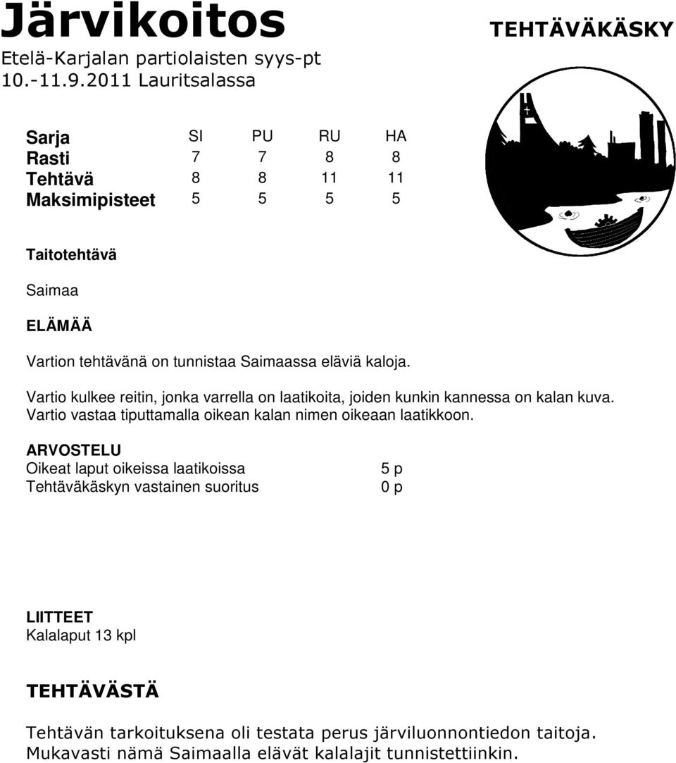 Saimaassa eläviä kaloja. Vartio kulkee reitin, jonka varrella on laatikoita, joiden kunkin kannessa on kalan kuva.