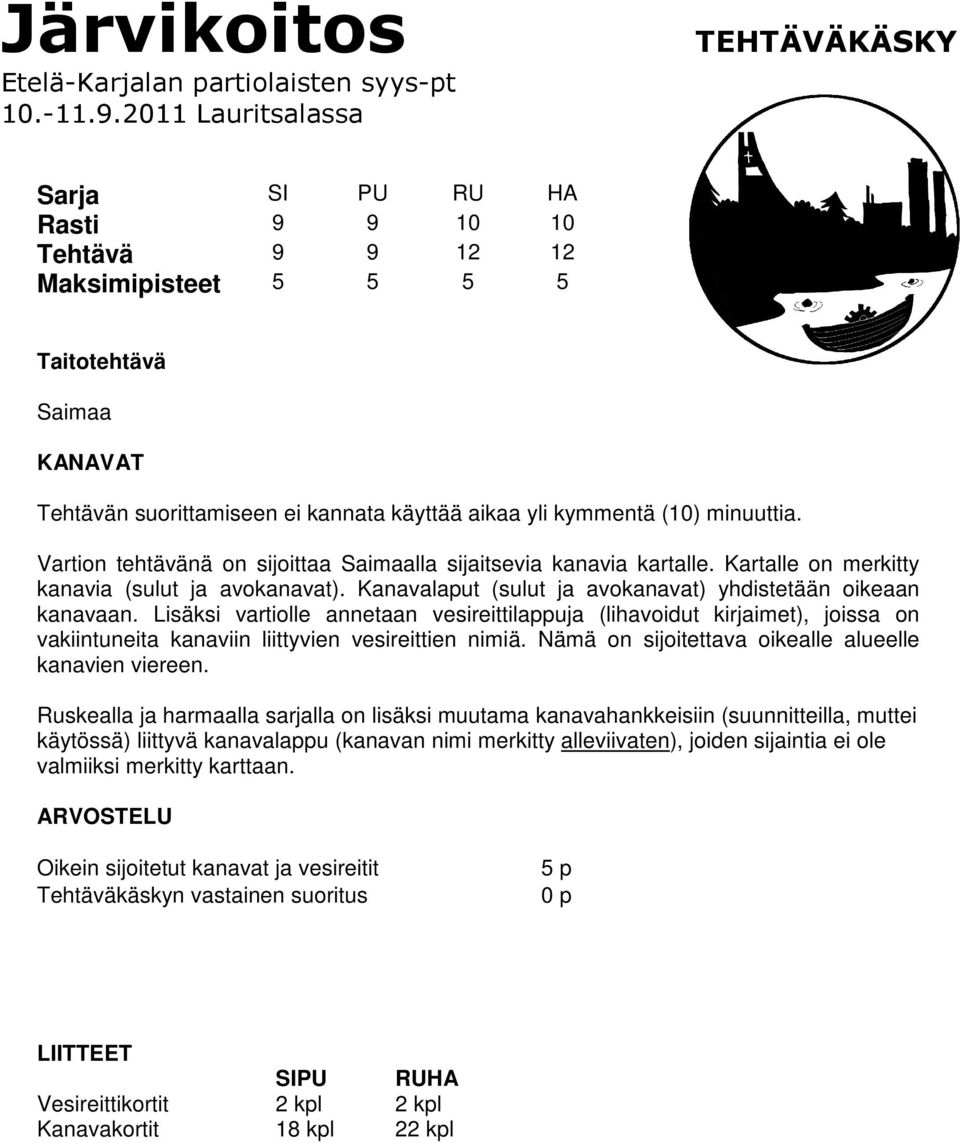 (10) minuuttia. Vartion tehtävänä on sijoittaa Saimaalla sijaitsevia kanavia kartalle. Kartalle on merkitty kanavia (sulut ja avokanavat).