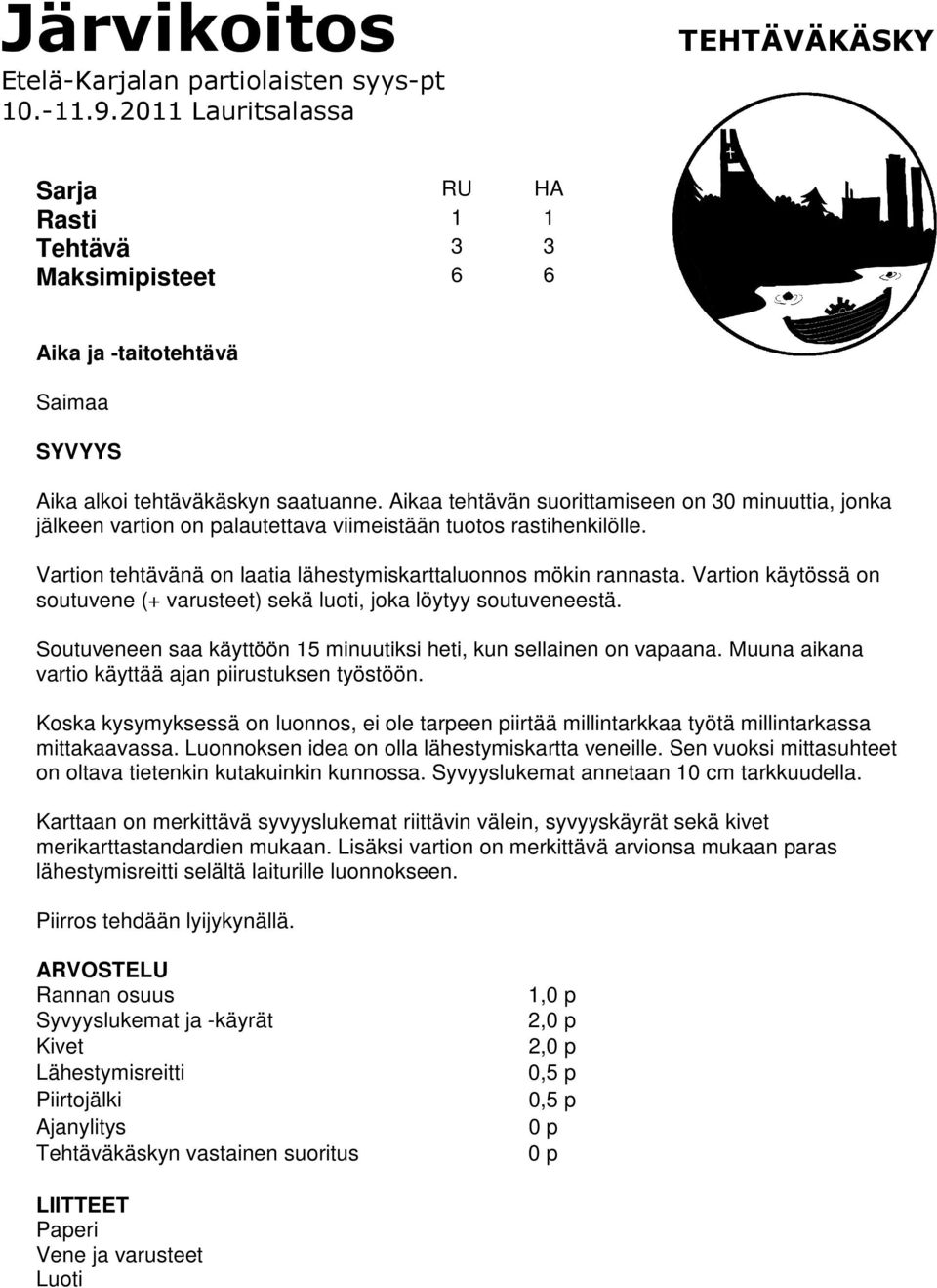 Aikaa tehtävän suorittamiseen on 30 minuuttia, jonka jälkeen vartion on palautettava viimeistään tuotos rastihenkilölle. Vartion tehtävänä on laatia lähestymiskarttaluonnos mökin rannasta.