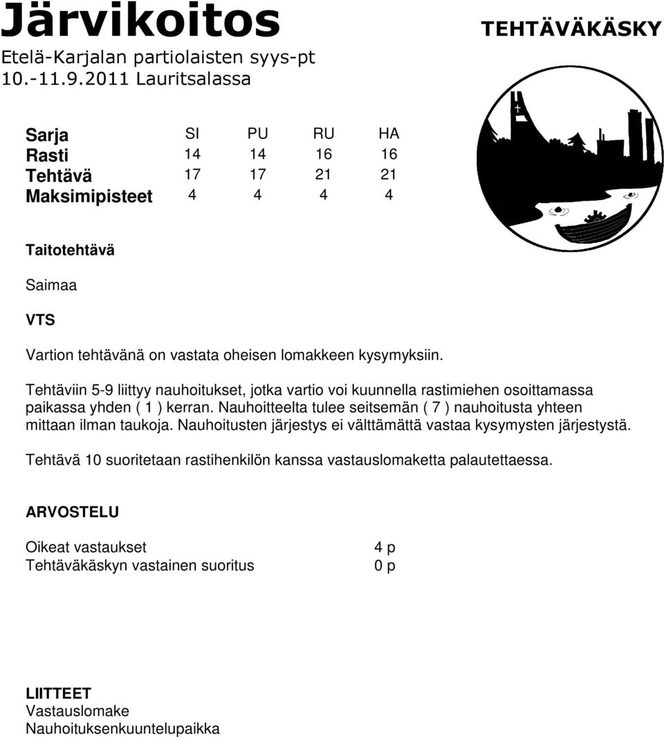 lomakkeen kysymyksiin. Tehtäviin 5-9 liittyy nauhoitukset, jotka vartio voi kuunnella rastimiehen osoittamassa paikassa yhden ( 1 ) kerran.