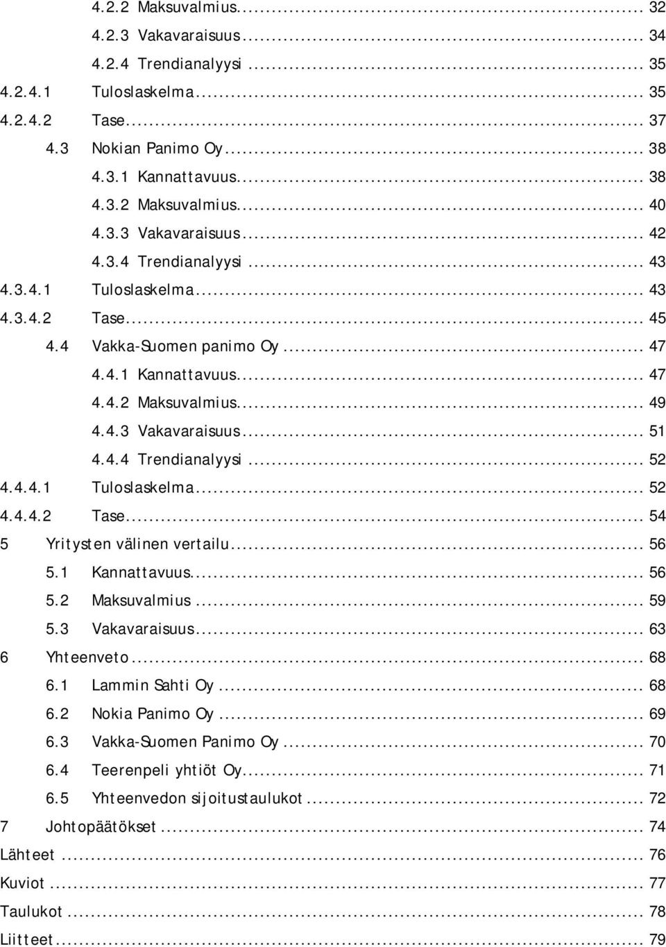 4.4 Trendianalyysi... 52 4.4.4.1 Tuloslaskelma... 52 4.4.4.2 Tase... 54 5 Yritysten välinen vertailu... 56 5.1 Kannattavuus... 56 5.2 Maksuvalmius... 59 5.3 Vakavaraisuus... 63 6 Yhteenveto... 68 6.