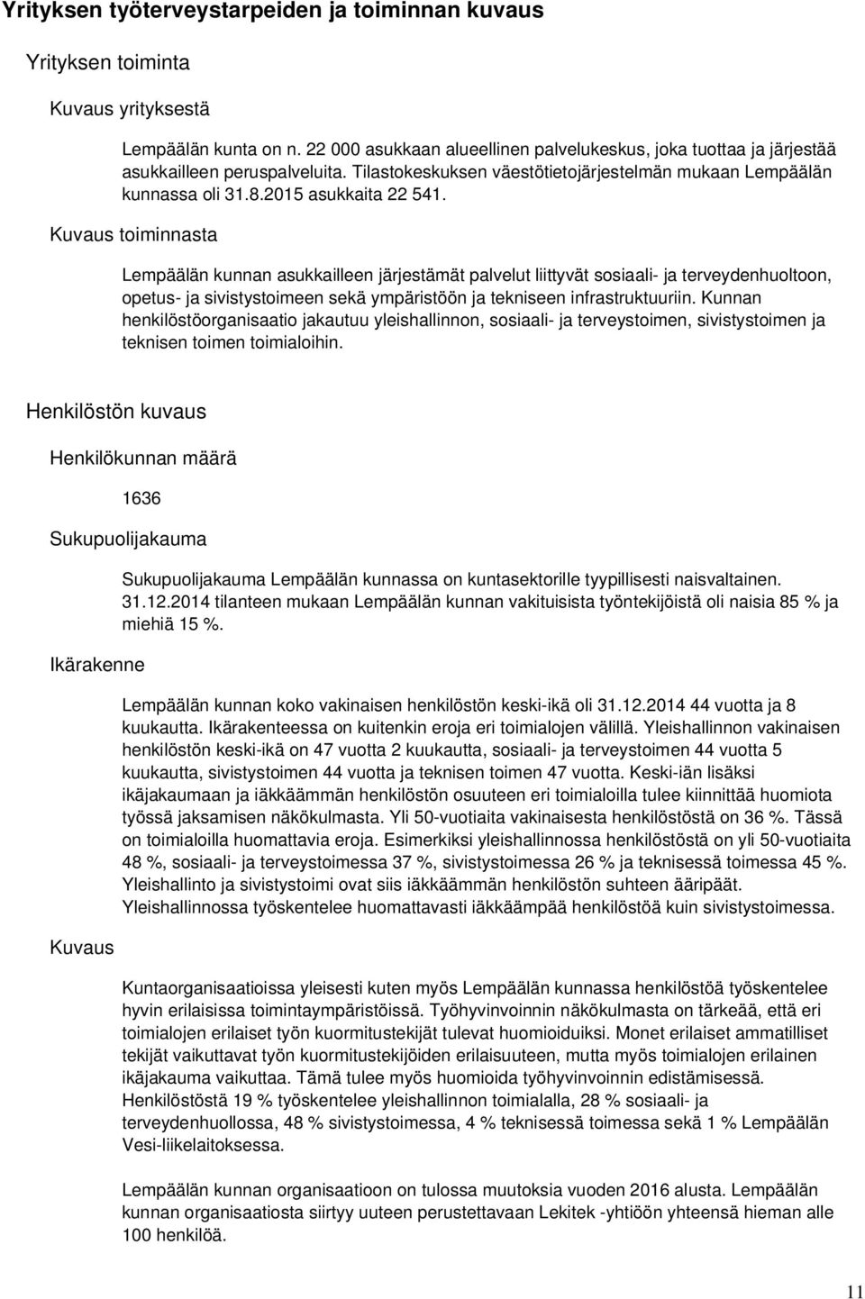 Kuvaus toiminnasta Lempäälän kunnan asukkailleen järjestämät palvelut liittyvät sosiaali- ja terveydenhuoltoon, opetus- ja sivistystoimeen sekä ympäristöön ja tekniseen infrastruktuuriin.