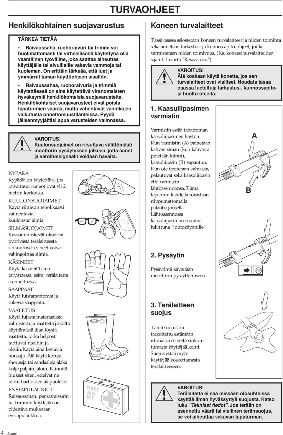 Raivaussahaa, ruohoraivuria ja trimmiä käytettäessä on aina käytettävä viranomaisten hyväksymiä henkilökohtaisia suojavarusteita.